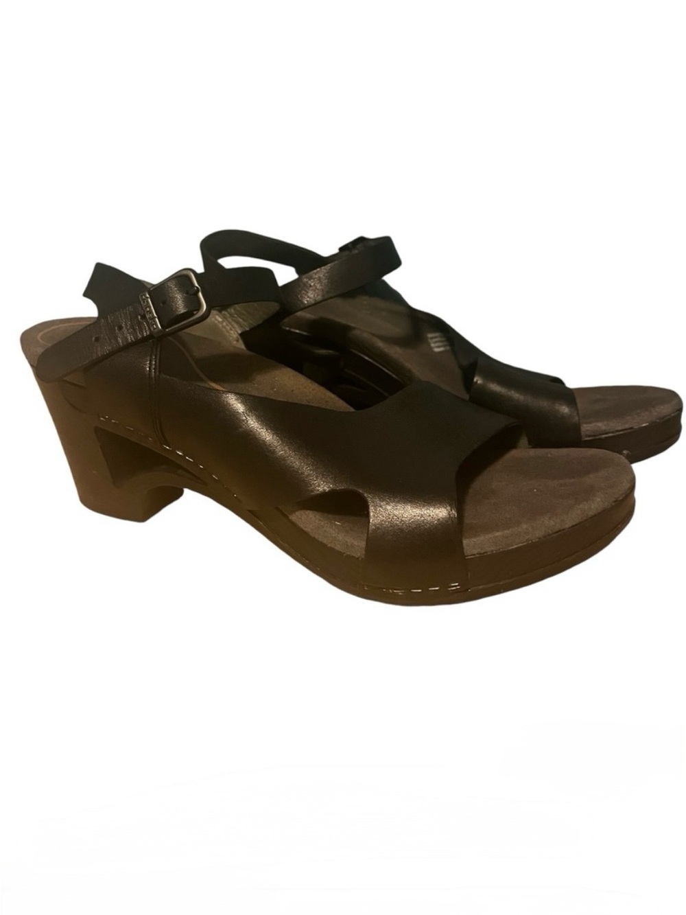 Dansko Women's Tasha Black Leather Strappy Heel Clog Sandals 39 cut out shoe